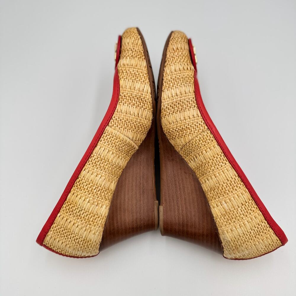 Tory Burch Reva Raffia Wedge Pumps 8M Straw Woven Red Logo Coastal Resort Shoes - Picture 14 of 16